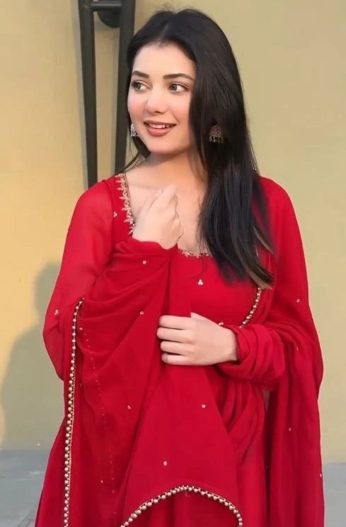 Red Suit – Side Profile Showing Straight Pant Length